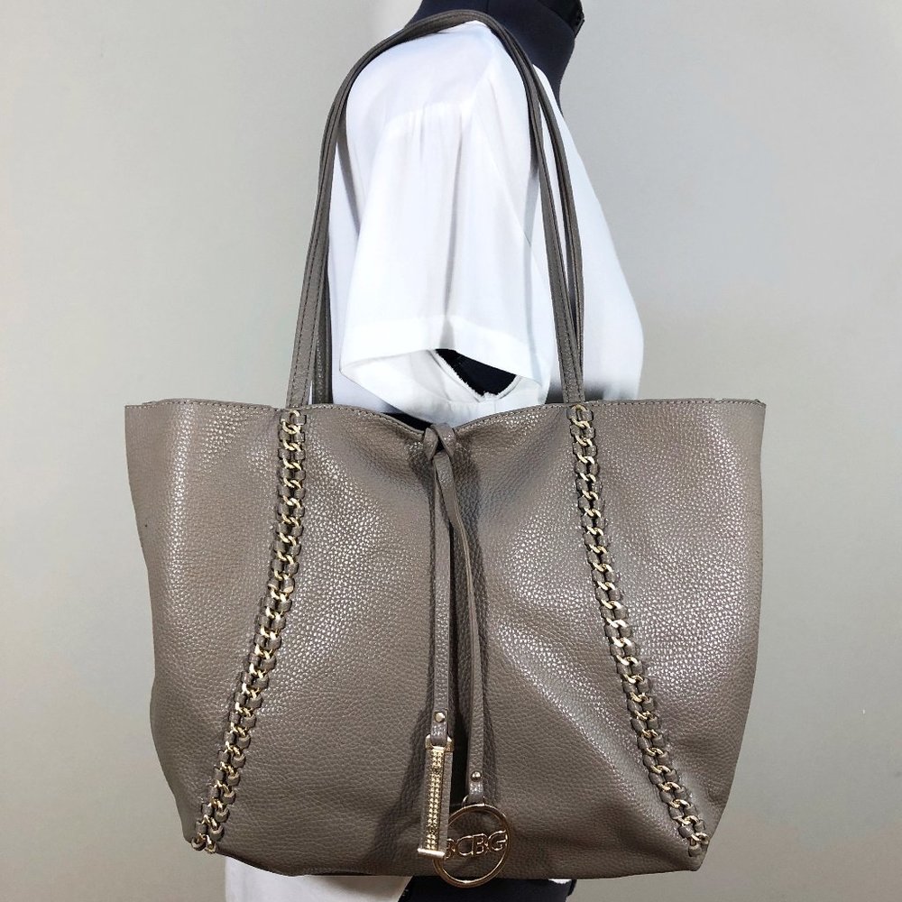 BCBG Reversible Black/Taupe Pebbled Faux Leather Braided Gold Chain Tote